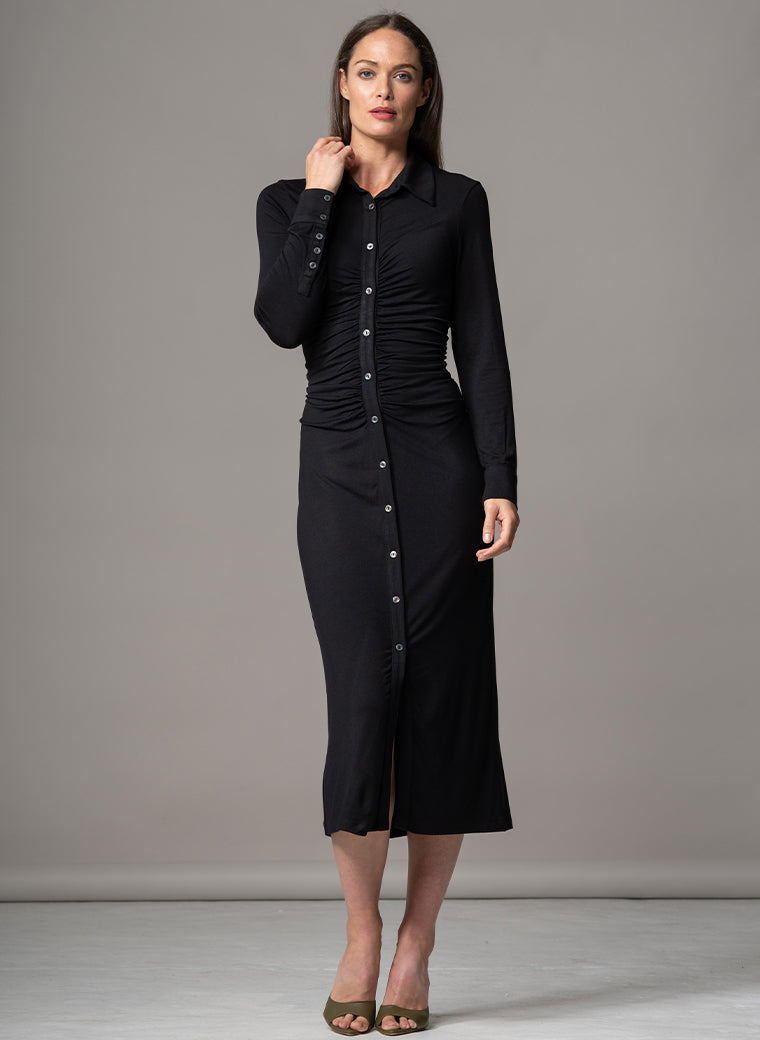 HAVANA BLACK GATHERED FRONT SCULPTING JERSEY SHIRT DRESS
