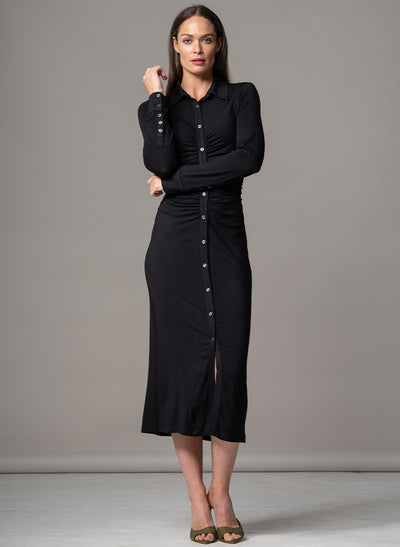 HAVANA BLACK GATHERED FRONT SCULPTING JERSEY SHIRT DRESS