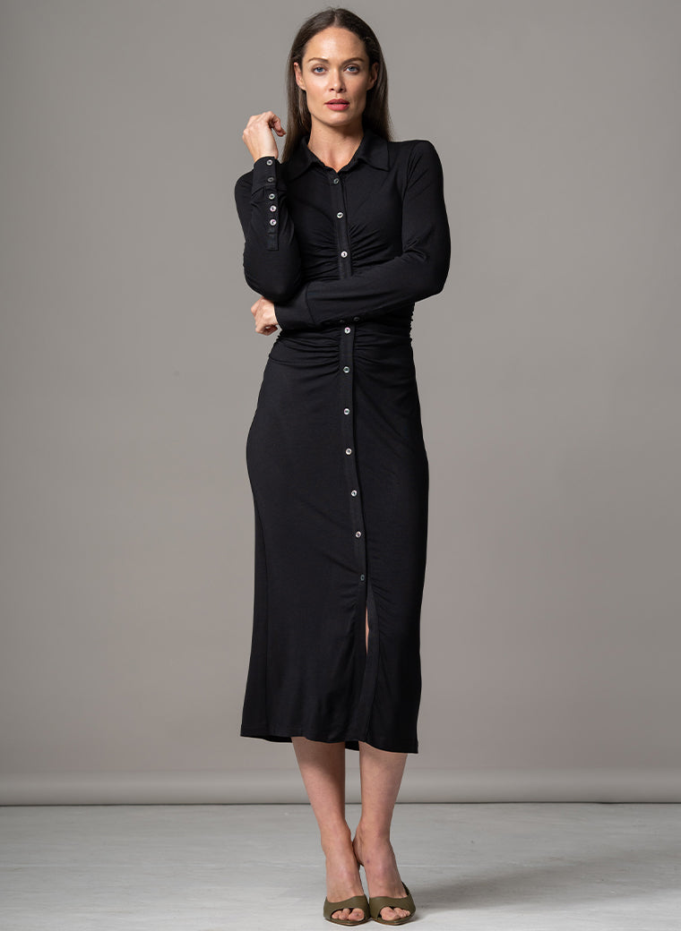 HAVANA BLACK GATHERED FRONT SCULPTING JERSEY SHIRT DRESS