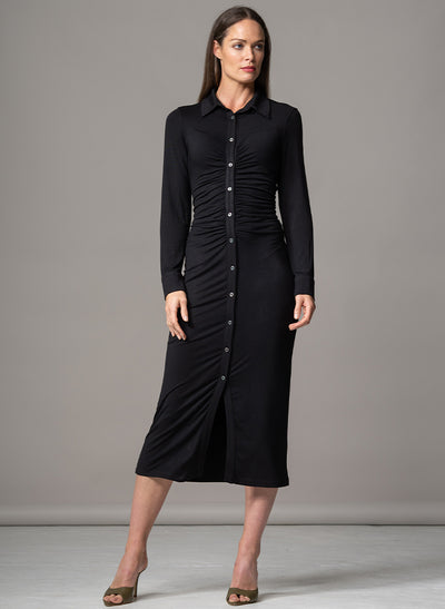 HAVANA BLACK GATHERED FRONT SCULPTING JERSEY SHIRT DRESS