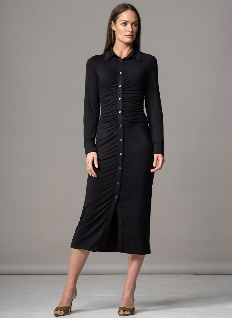 HAVANA BLACK GATHERED FRONT SCULPTING JERSEY SHIRT DRESS