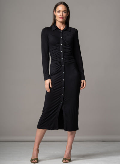 HAVANA BLACK GATHERED FRONT SCULPTING JERSEY SHIRT DRESS