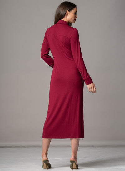 HAVANA BURGUNDY GATHERED FRONT SCULPTING JERSEY SHIRT DRESS