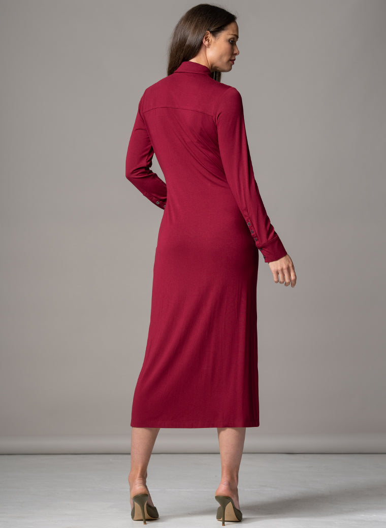 HAVANA BURGUNDY GATHERED FRONT SCULPTING JERSEY SHIRT DRESS