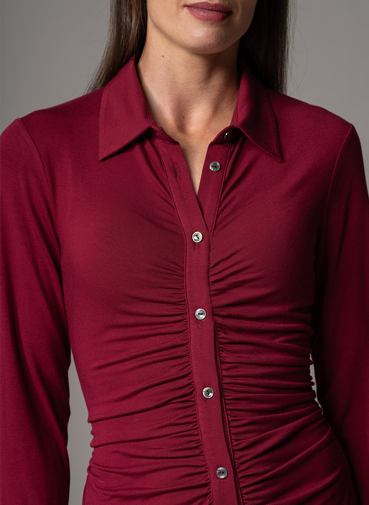 HAVANA BURGUNDY GATHERED FRONT SCULPTING JERSEY SHIRT DRESS