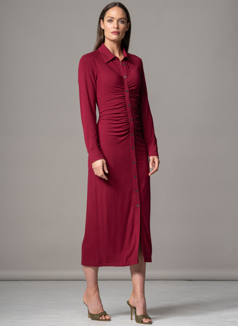 HAVANA BURGUNDY GATHERED FRONT SCULPTING JERSEY SHIRT DRESS