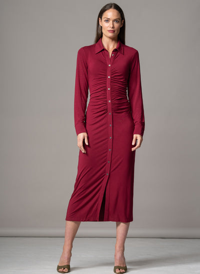 HAVANA BURGUNDY GATHERED FRONT SCULPTING JERSEY SHIRT DRESS