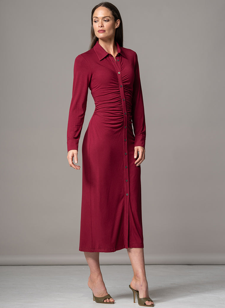 HAVANA BURGUNDY GATHERED FRONT SCULPTING JERSEY SHIRT DRESS