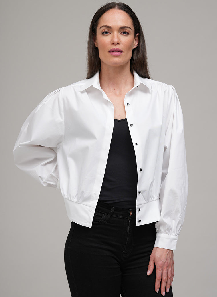 JADE COTTON CROPPED BOMBER SHIRT IN WHITE