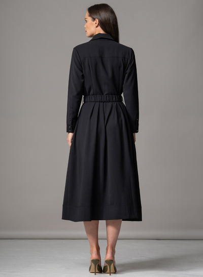 JOHANNA BLACK CLASSIC V-NECK FIT & FLARE CREPE MIDI SHIRT DRESS