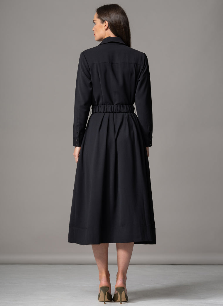 JOHANNA BLACK CLASSIC V-NECK FIT & FLARE CREPE MIDI SHIRT DRESS