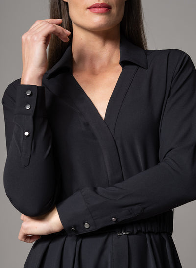 JOHANNA BLACK CLASSIC V-NECK FIT & FLARE CREPE MIDI SHIRT DRESS