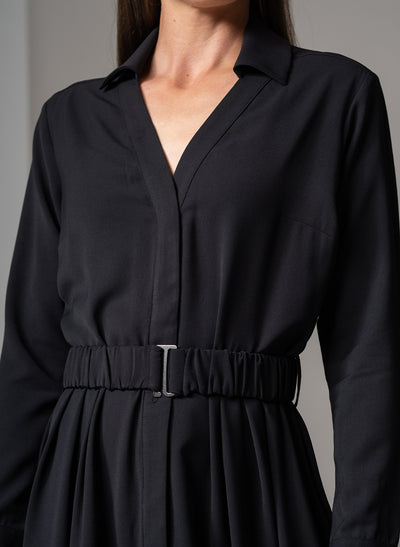 JOHANNA BLACK CLASSIC V-NECK FIT & FLARE CREPE MIDI SHIRT DRESS