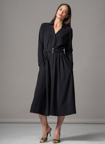 JOHANNA BLACK CLASSIC V-NECK FIT & FLARE CREPE MIDI SHIRT DRESS