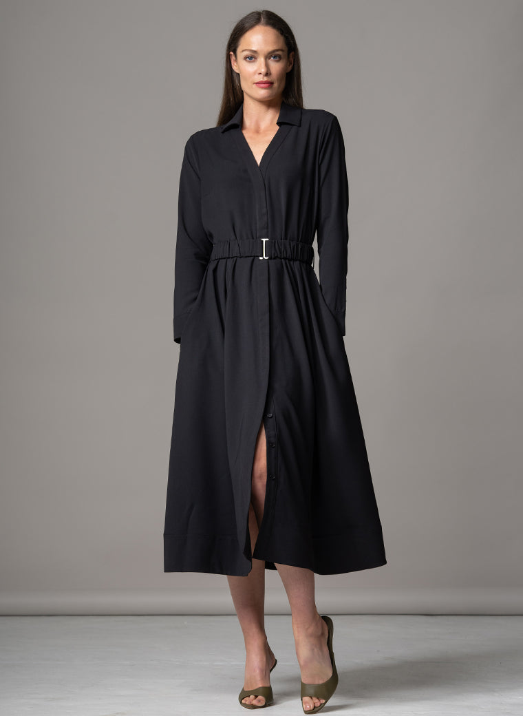 JOHANNA BLACK CLASSIC V-NECK FIT & FLARE CREPE MIDI SHIRT DRESS