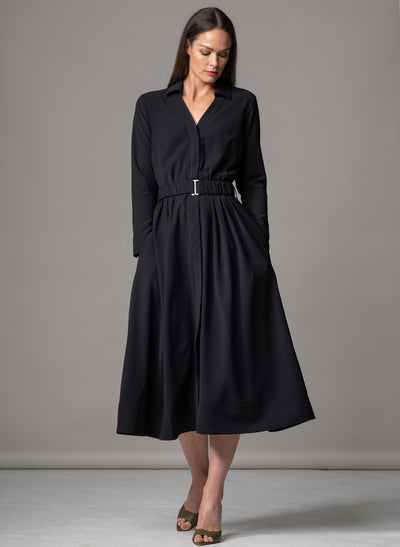 JOHANNA BLACK CLASSIC V-NECK FIT & FLARE CREPE MIDI SHIRT DRESS