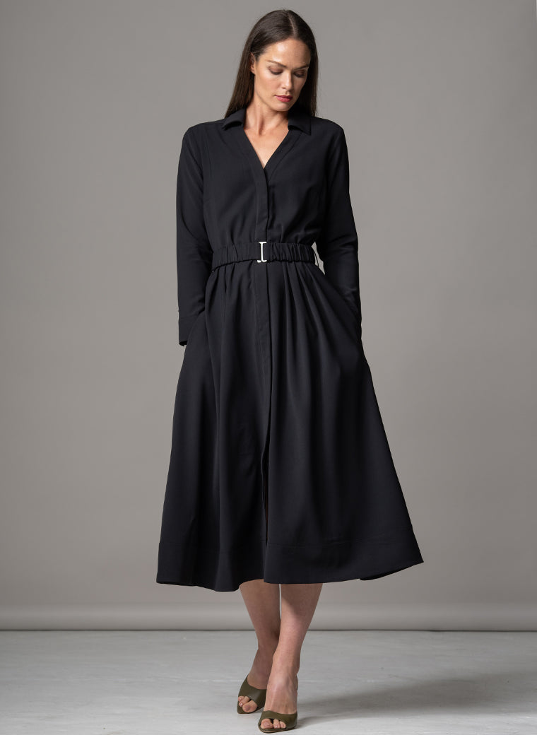 JOHANNA BLACK CLASSIC V-NECK FIT & FLARE CREPE MIDI SHIRT DRESS