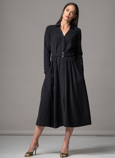 JOHANNA BLACK CLASSIC V-NECK FIT & FLARE CREPE MIDI SHIRT DRESS