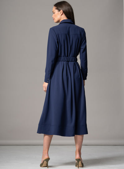 JOHANNA NAVY CLASSIC V-NECK FIT & FLARE CREPE MIDI SHIRT DRESS