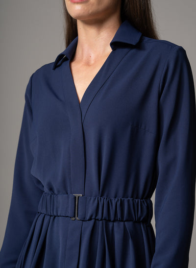 JOHANNA NAVY CLASSIC V-NECK FIT & FLARE CREPE MIDI SHIRT DRESS