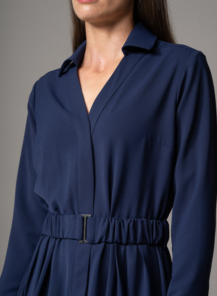 JOHANNA NAVY CLASSIC V-NECK FIT & FLARE CREPE MIDI SHIRT DRESS