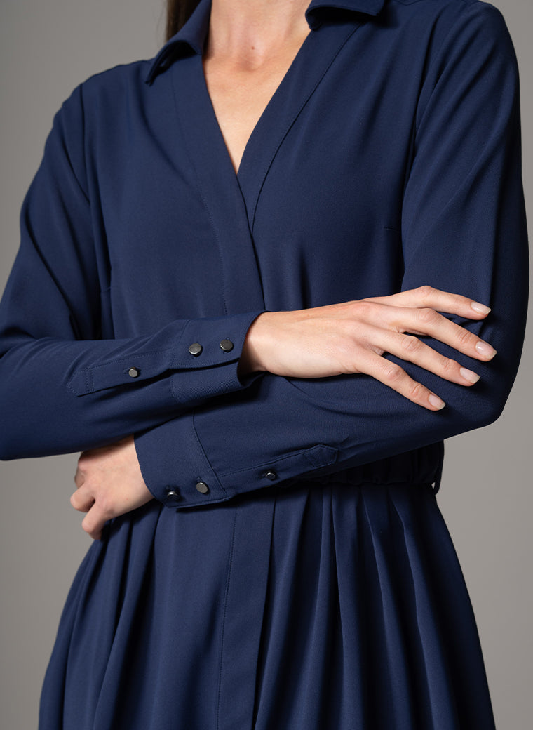 JOHANNA NAVY CLASSIC V-NECK FIT & FLARE CREPE MIDI SHIRT DRESS
