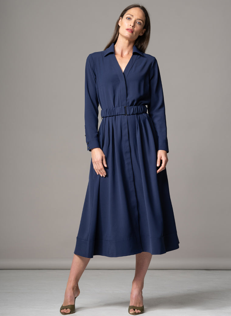 JOHANNA NAVY CLASSIC V-NECK FIT & FLARE CREPE MIDI SHIRT DRESS