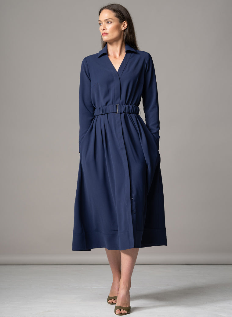 JOHANNA NAVY CLASSIC V-NECK FIT & FLARE CREPE MIDI SHIRT DRESS