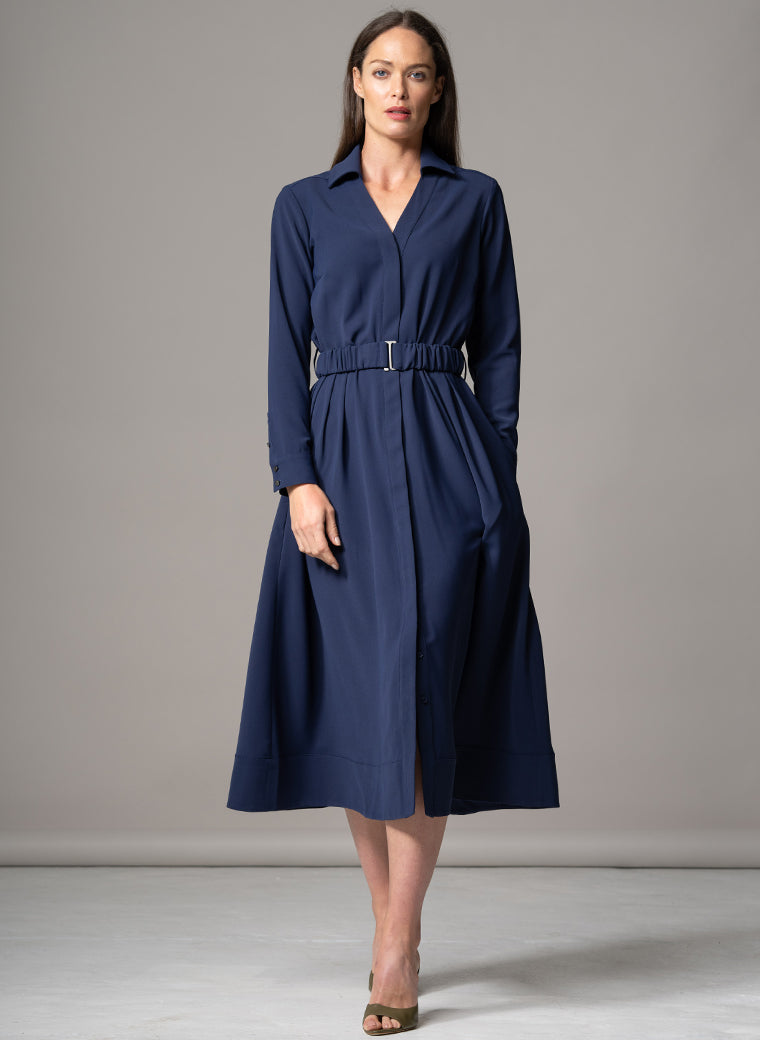 JOHANNA NAVY CLASSIC V-NECK FIT & FLARE CREPE MIDI SHIRT DRESS