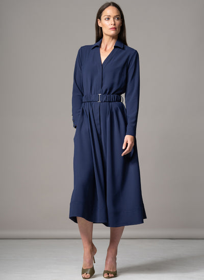 JOHANNA NAVY CLASSIC V-NECK FIT & FLARE CREPE MIDI SHIRT DRESS