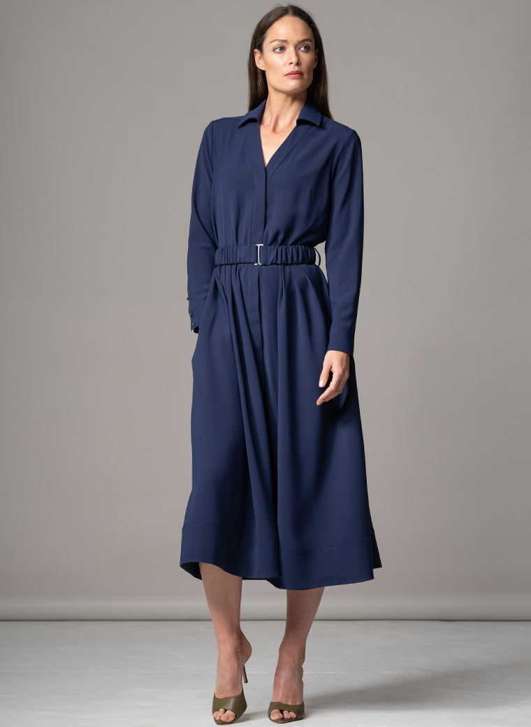 JOHANNA NAVY CLASSIC V-NECK FIT & FLARE CREPE MIDI SHIRT DRESS