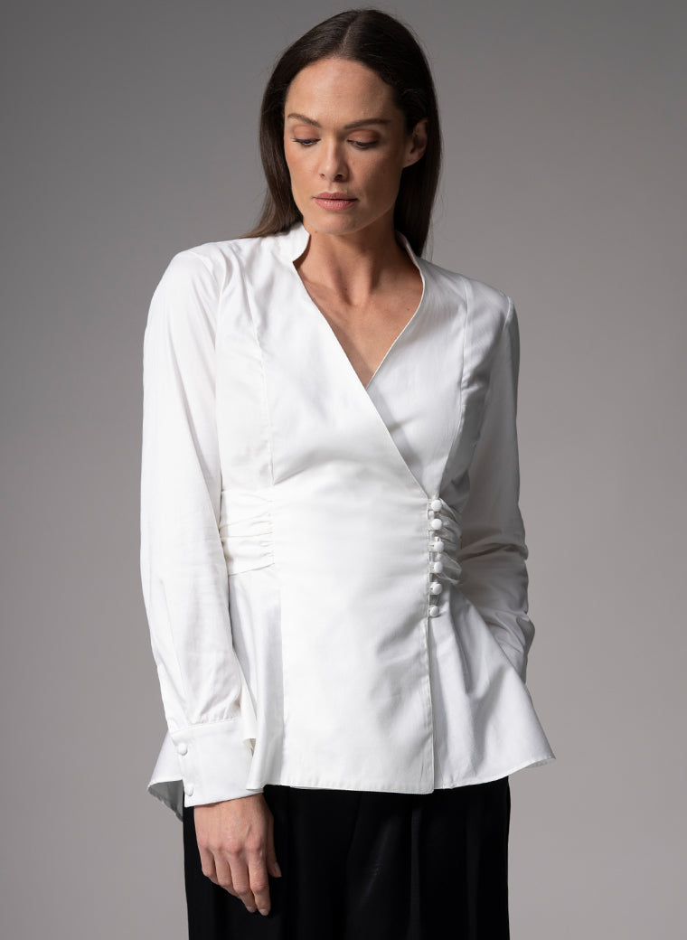 JOSEPHINE IVORY FIT & FLARE CROSS FRONT VICTORIANA EVENING SHIRT