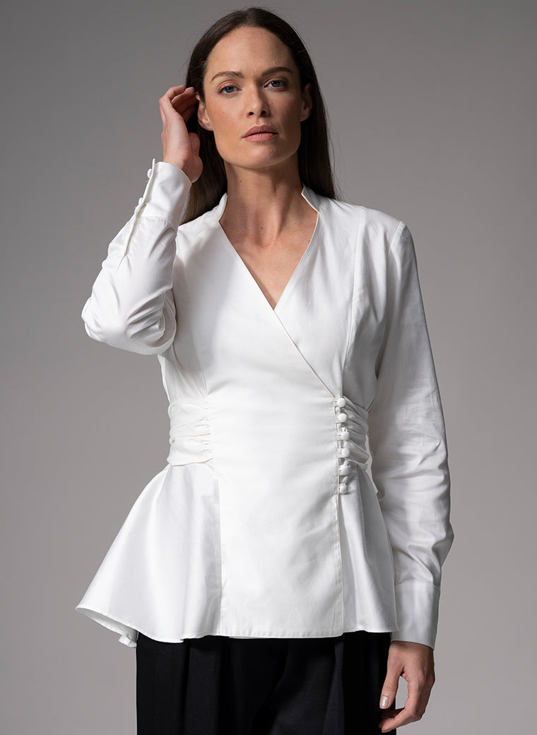 JOSEPHINE IVORY FIT & FLARE CROSS FRONT VICTORIANA EVENING SHIRT