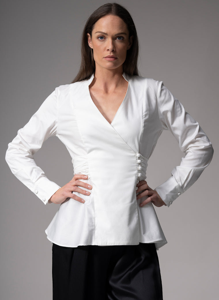 JOSEPHINE IVORY FIT & FLARE CROSS FRONT VICTORIANA EVENING SHIRT
