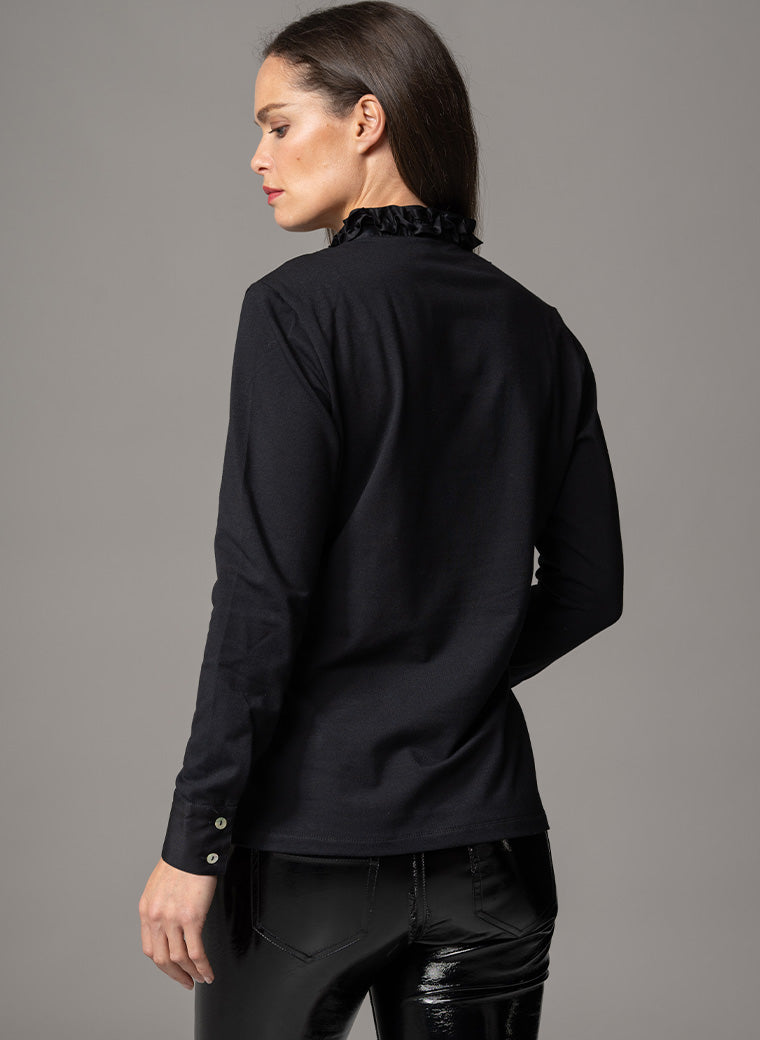 KATIANA BLACK ROSETTE FRILL NECKLINE COTTON JERSEY SHIRT
