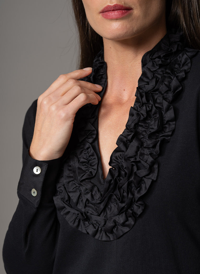 KATIANA BLACK ROSETTE FRILL NECKLINE COTTON JERSEY SHIRT