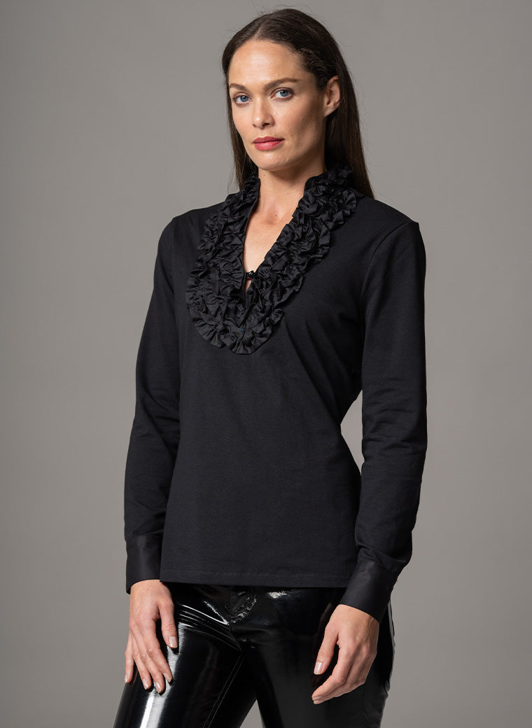 KATIANA BLACK ROSETTE FRILL NECKLINE COTTON JERSEY SHIRT