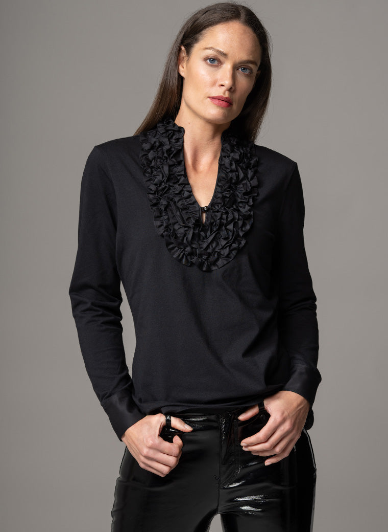 KATIANA BLACK ROSETTE FRILL NECKLINE COTTON JERSEY SHIRT