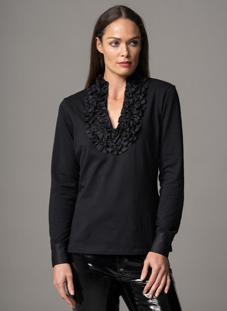 KATIANA BLACK ROSETTE FRILL NECKLINE COTTON JERSEY SHIRT