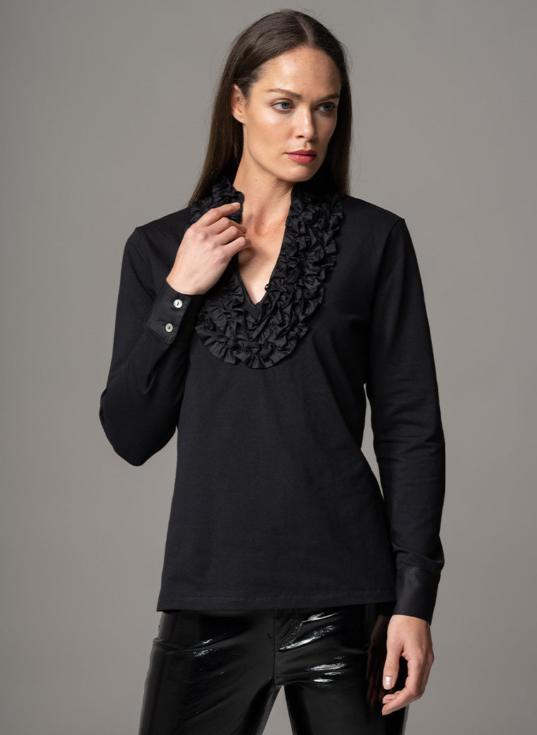 KATIANA BLACK ROSETTE FRILL NECKLINE COTTON JERSEY SHIRT