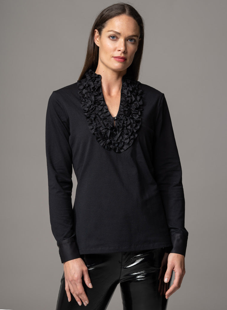 KATIANA BLACK ROSETTE FRILL NECKLINE COTTON JERSEY SHIRT