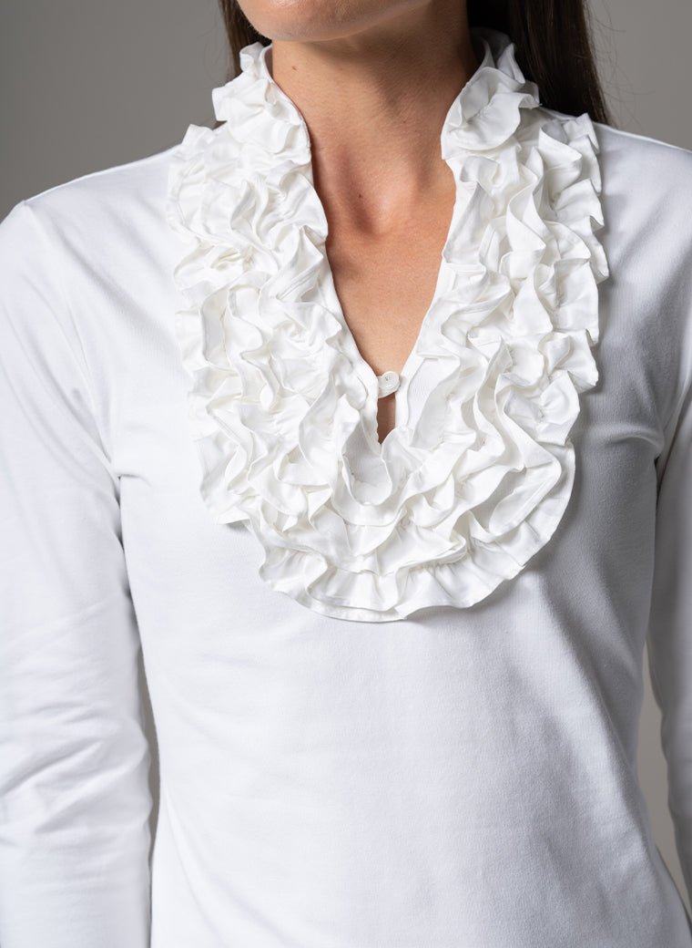 KATIANA WHITE ROSETTE FRILL NECKLINE COTTON JERSEY SHIRT