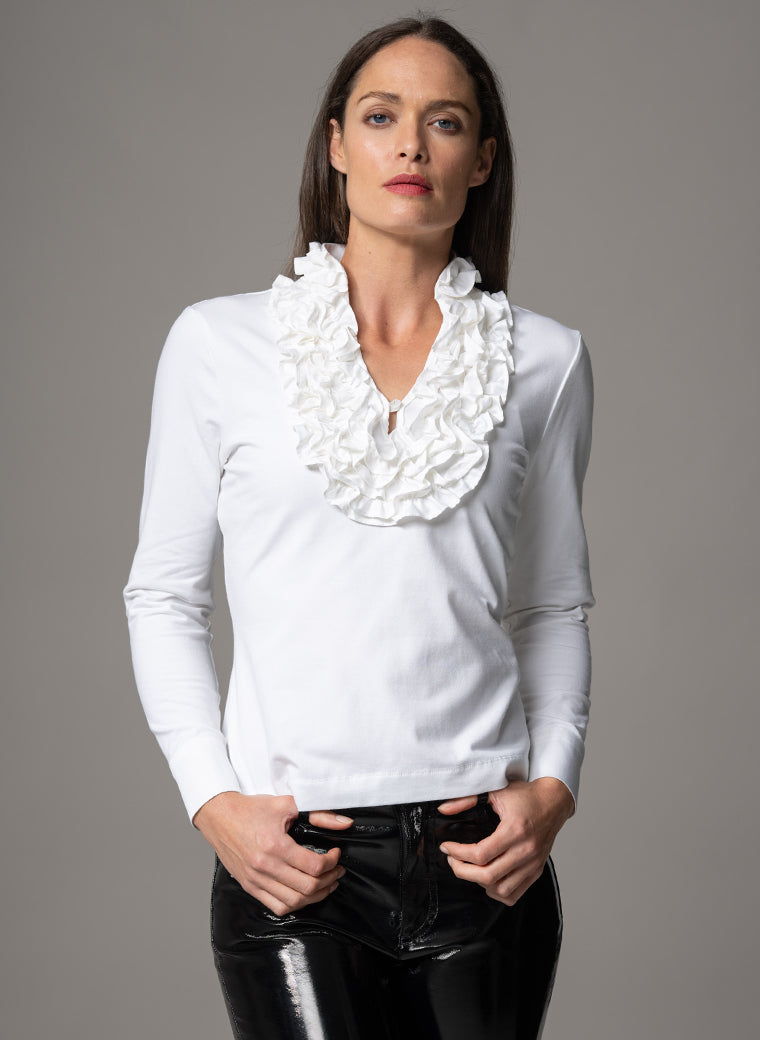 KATIANA WHITE ROSETTE FRILL NECKLINE COTTON JERSEY SHIRT