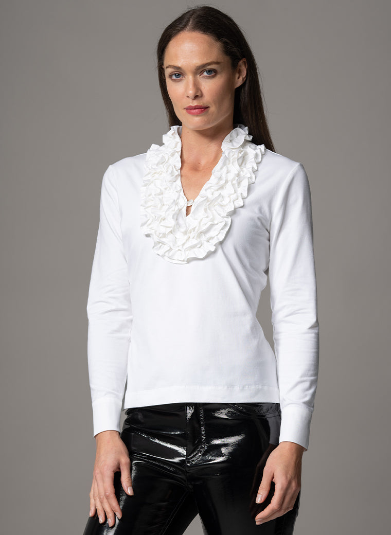 KATIANA WHITE ROSETTE FRILL NECKLINE COTTON JERSEY SHIRT
