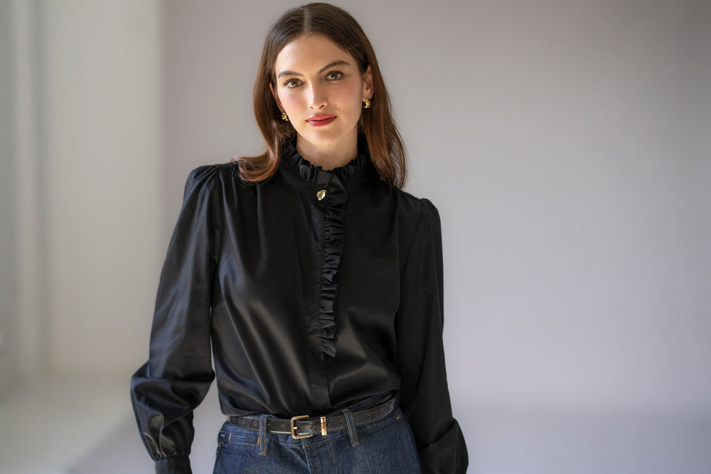 Kristen Relaxed Fit Frill Stand Collar Grosgrain Trim Cotton Sateen