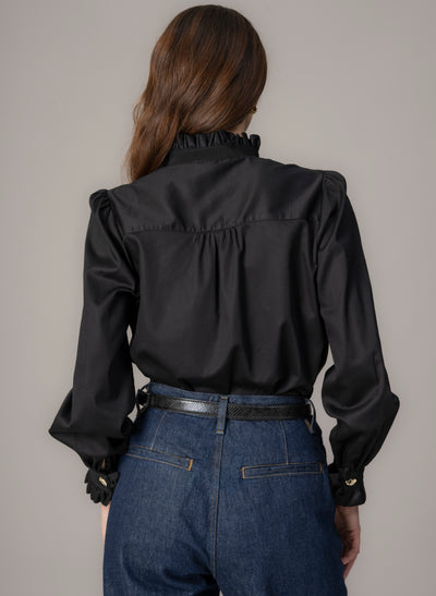 Kristen Black Frill Collar Shirt with Grosgrain Trim