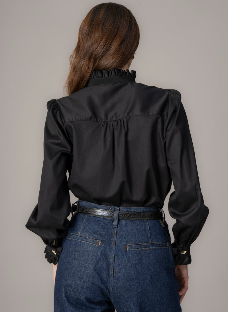 Kristen Black Frill Collar Shirt with Grosgrain Trim