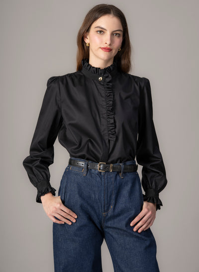 Kristen Black Frill Collar Shirt with Grosgrain Trim