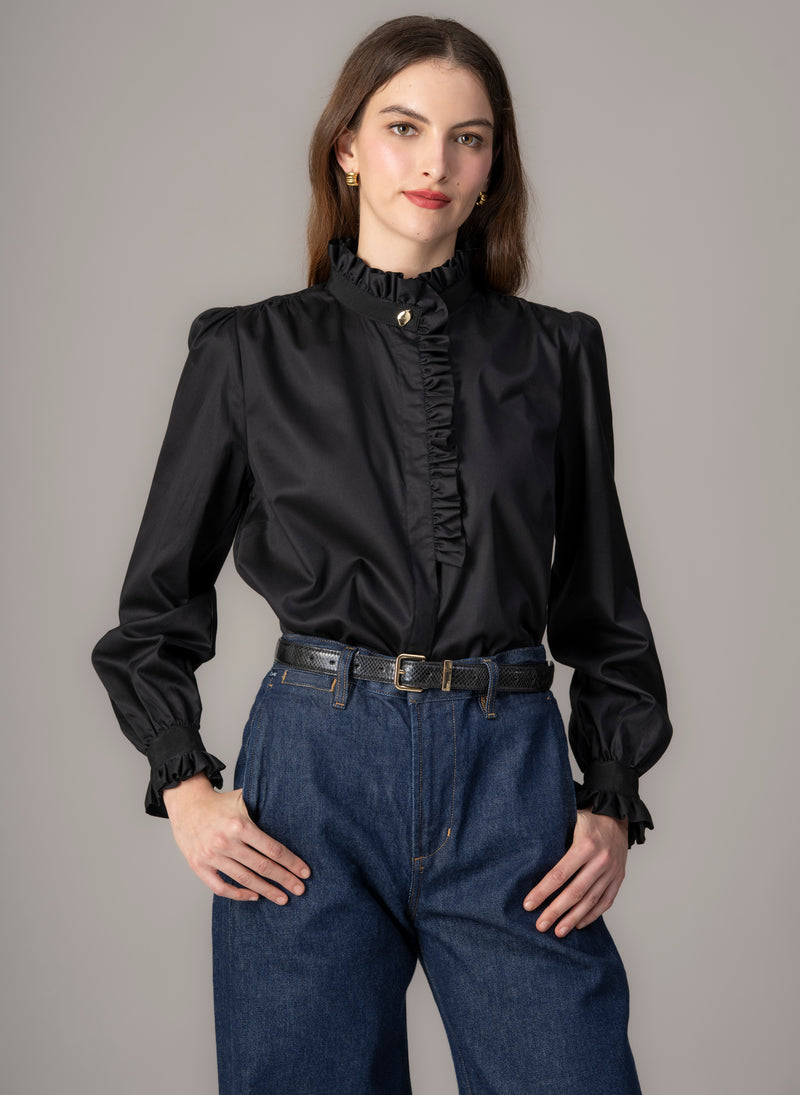 Kristen Black Frill Collar Shirt with Grosgrain Trim