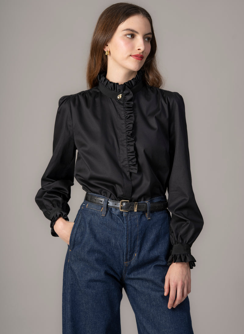 Kristen Black Frill Collar Shirt with Grosgrain Trim